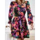 Printed Split-Joint Tied Waist Long Sleeves Loose V-Neck Mini Dresses Printed Split-Joint Tied Waist Long Sleeves Loose V-Neck Mini Dresses