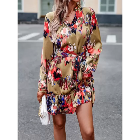Printed Split-Joint Tied Waist Long Sleeves Loose V-Neck Mini Dresses Printed Split-Joint Tied Waist Long Sleeves Loose V-Neck Mini Dresses