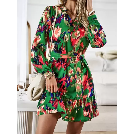 Printed Split-Joint Tied Waist Long Sleeves Loose V-Neck Mini Dresses Printed Split-Joint Tied Waist Long Sleeves Loose V-Neck Mini Dresses