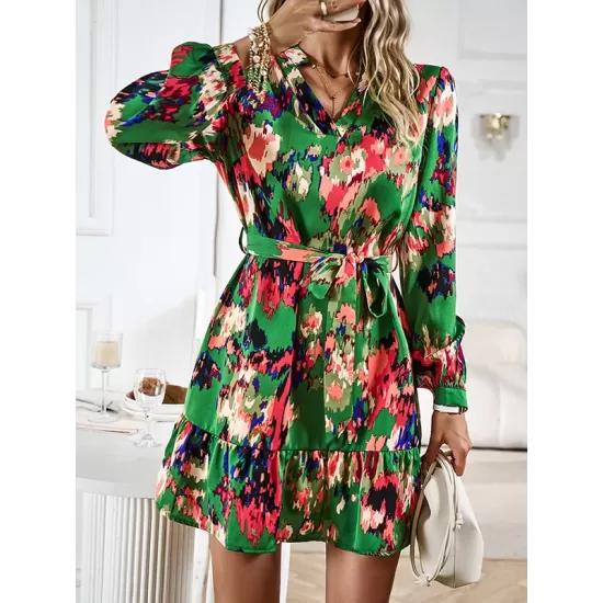 Printed Split-Joint Tied Waist Long Sleeves Loose V-Neck Mini Dresses Printed Split-Joint Tied Waist Long Sleeves Loose V-Neck Mini Dresses