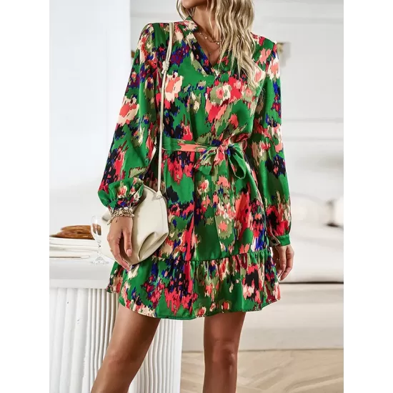 Printed Split-Joint Tied Waist Long Sleeves Loose V-Neck Mini Dresses Printed Split-Joint Tied Waist Long Sleeves Loose V-Neck Mini Dresses