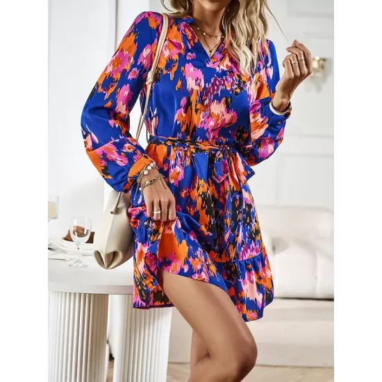 Printed Split-Joint Tied Waist Long Sleeves Loose V-Neck Mini Dresses Printed Split-Joint Tied Waist Long Sleeves Loose V-Neck Mini Dresses