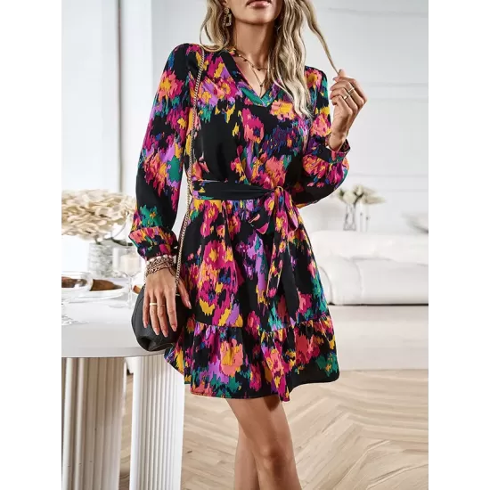 Printed Split-Joint Tied Waist Long Sleeves Loose V-Neck Mini Dresses Printed Split-Joint Tied Waist Long Sleeves Loose V-Neck Mini Dresses