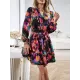 Printed Split-Joint Tied Waist Long Sleeves Loose V-Neck Mini Dresses Printed Split-Joint Tied Waist Long Sleeves Loose V-Neck Mini Dresses