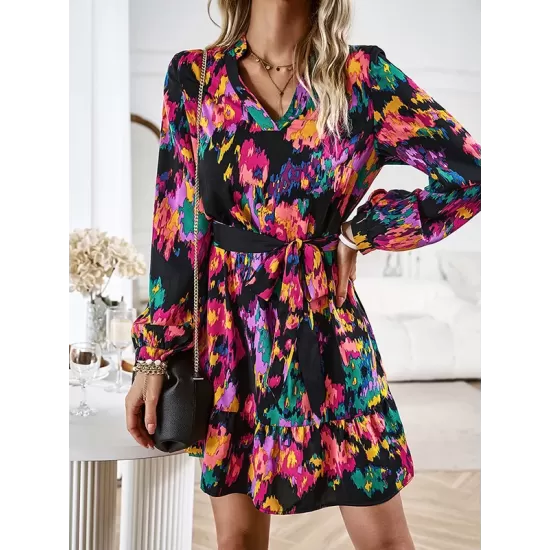 Printed Split-Joint Tied Waist Long Sleeves Loose V-Neck Mini Dresses Printed Split-Joint Tied Waist Long Sleeves Loose V-Neck Mini Dresses