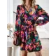 Printed Split-Joint Tied Waist Long Sleeves Loose V-Neck Mini Dresses Printed Split-Joint Tied Waist Long Sleeves Loose V-Neck Mini Dresses