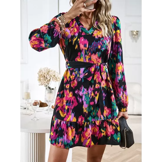Printed Split-Joint Tied Waist Long Sleeves Loose V-Neck Mini Dresses Printed Split-Joint Tied Waist Long Sleeves Loose V-Neck Mini Dresses