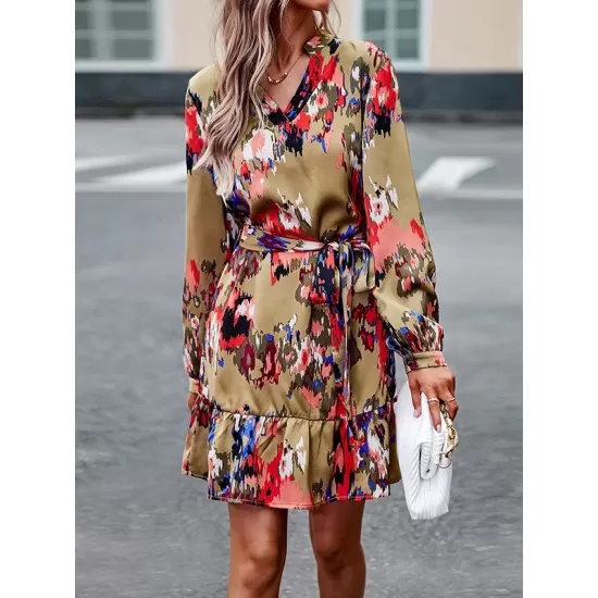 Printed Split-Joint Tied Waist Long Sleeves Loose V-Neck Mini Dresses Printed Split-Joint Tied Waist Long Sleeves Loose V-Neck Mini Dresses