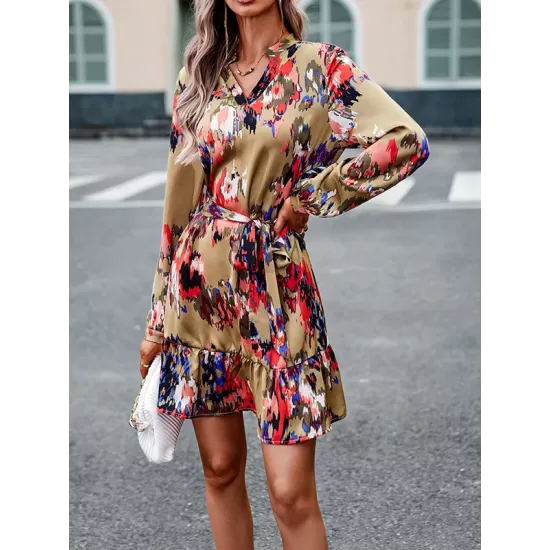 Printed Split-Joint Tied Waist Long Sleeves Loose V-Neck Mini Dresses Printed Split-Joint Tied Waist Long Sleeves Loose V-Neck Mini Dresses