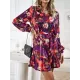 Printed Split-Joint Tied Waist Long Sleeves Loose V-Neck Mini Dresses Printed Split-Joint Tied Waist Long Sleeves Loose V-Neck Mini Dresses