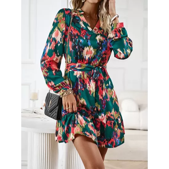 Printed Split-Joint Tied Waist Long Sleeves Loose V-Neck Mini Dresses Printed Split-Joint Tied Waist Long Sleeves Loose V-Neck Mini Dresses
