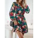 Printed Split-Joint Tied Waist Long Sleeves Loose V-Neck Mini Dresses Printed Split-Joint Tied Waist Long Sleeves Loose V-Neck Mini Dresses