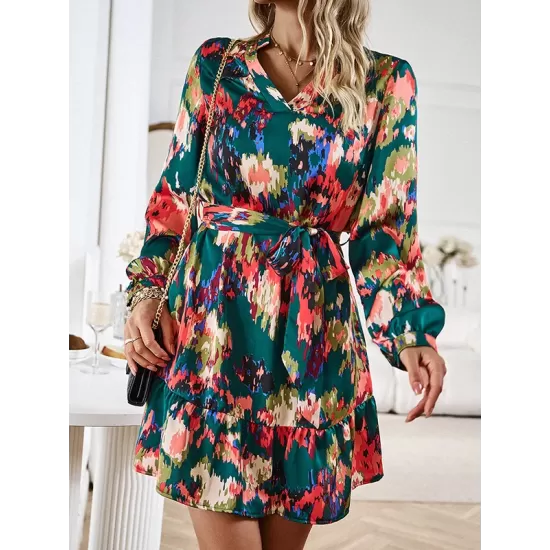 Printed Split-Joint Tied Waist Long Sleeves Loose V-Neck Mini Dresses Printed Split-Joint Tied Waist Long Sleeves Loose V-Neck Mini Dresses