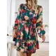 Printed Split-Joint Tied Waist Long Sleeves Loose V-Neck Mini Dresses Printed Split-Joint Tied Waist Long Sleeves Loose V-Neck Mini Dresses