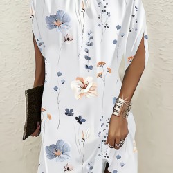Flower Print Batwing Sleeves Loose Round-Neck Mini Dresses