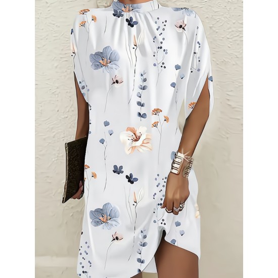 Flower Print Batwing Sleeves Loose Round-Neck Mini Dresses Flower Print Batwing Sleeves Loose Round-Neck Mini Dresses