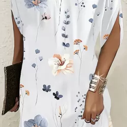 Flower Print Batwing Sleeves Loose Round-Neck Mini Dresses