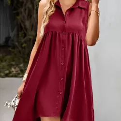 Buttoned Pleated Pockets Solid Color A-Line High Waisted Lapel Mini Dresses