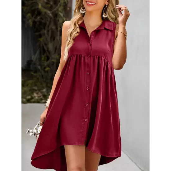Buttoned Pleated Pockets Solid Color A-Line High Waisted Lapel Mini Dresses Buttoned Pleated Pockets Solid Color A-Line High Waisted Lapel Mini Dresses