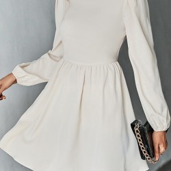 Backless Elasticity Hollow Pleated Solid Color Tied A-Line Bishop Sleeve Round-Neck Mini Dresses
