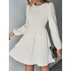 Backless Elasticity Hollow Pleated Solid Color Tied A-Line Bishop Sleeve Round-Neck Mini Dresses Backless Elasticity Hollow Pleated Solid Color Tied A-Line Bishop Sleeve Round-Neck Mini Dresses