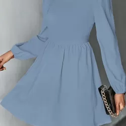 Backless Elasticity Hollow Pleated Solid Color Tied A-Line Bishop Sleeve Round-Neck Mini Dresses
