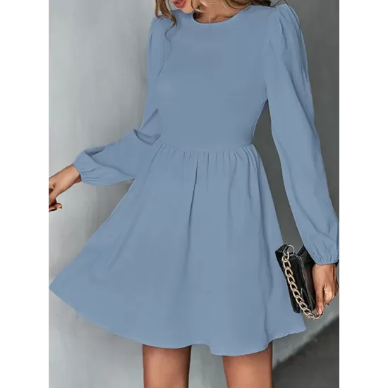 Backless Elasticity Hollow Pleated Solid Color Tied A-Line Bishop Sleeve Round-Neck Mini Dresses Backless Elasticity Hollow Pleated Solid Color Tied A-Line Bishop Sleeve Round-Neck Mini Dresses