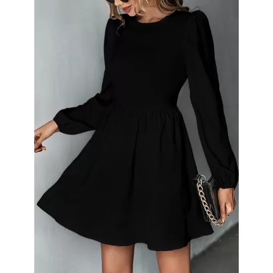 Backless Elasticity Hollow Pleated Solid Color Tied A-Line Bishop Sleeve Round-Neck Mini Dresses Backless Elasticity Hollow Pleated Solid Color Tied A-Line Bishop Sleeve Round-Neck Mini Dresses
