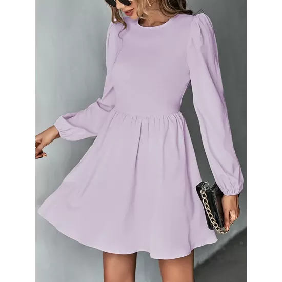 Backless Elasticity Hollow Pleated Solid Color Tied A-Line Bishop Sleeve Round-Neck Mini Dresses Backless Elasticity Hollow Pleated Solid Color Tied A-Line Bishop Sleeve Round-Neck Mini Dresses