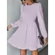 Backless Elasticity Hollow Pleated Solid Color Tied A-Line Bishop Sleeve Round-Neck Mini Dresses Backless Elasticity Hollow Pleated Solid Color Tied A-Line Bishop Sleeve Round-Neck Mini Dresses