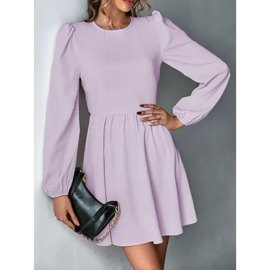 Backless Elasticity Hollow Pleated Solid Color Tied A-Line Bishop Sleeve Round-Neck Mini Dresses Backless Elasticity Hollow Pleated Solid Color Tied A-Line Bishop Sleeve Round-Neck Mini Dresses