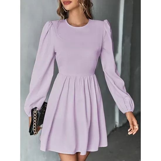 Backless Elasticity Hollow Pleated Solid Color Tied A-Line Bishop Sleeve Round-Neck Mini Dresses Backless Elasticity Hollow Pleated Solid Color Tied A-Line Bishop Sleeve Round-Neck Mini Dresses