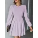 Backless Elasticity Hollow Pleated Solid Color Tied A-Line Bishop Sleeve Round-Neck Mini Dresses Backless Elasticity Hollow Pleated Solid Color Tied A-Line Bishop Sleeve Round-Neck Mini Dresses