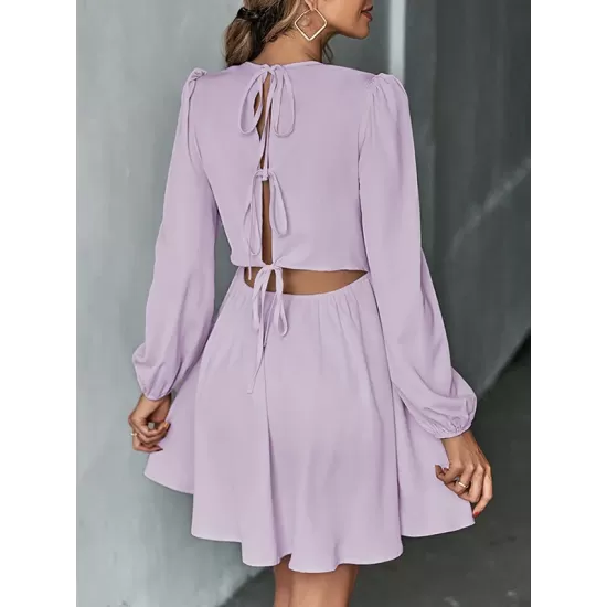 Backless Elasticity Hollow Pleated Solid Color Tied A-Line Bishop Sleeve Round-Neck Mini Dresses Backless Elasticity Hollow Pleated Solid Color Tied A-Line Bishop Sleeve Round-Neck Mini Dresses
