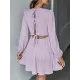 Backless Elasticity Hollow Pleated Solid Color Tied A-Line Bishop Sleeve Round-Neck Mini Dresses Backless Elasticity Hollow Pleated Solid Color Tied A-Line Bishop Sleeve Round-Neck Mini Dresses