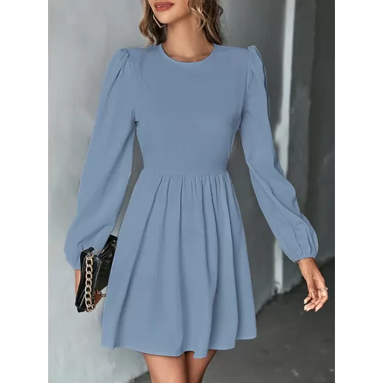 Backless Elasticity Hollow Pleated Solid Color Tied A-Line Bishop Sleeve Round-Neck Mini Dresses Backless Elasticity Hollow Pleated Solid Color Tied A-Line Bishop Sleeve Round-Neck Mini Dresses