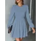 Backless Elasticity Hollow Pleated Solid Color Tied A-Line Bishop Sleeve Round-Neck Mini Dresses Backless Elasticity Hollow Pleated Solid Color Tied A-Line Bishop Sleeve Round-Neck Mini Dresses