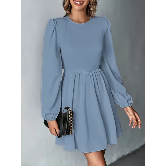 Backless Elasticity Hollow Pleated Solid Color Tied A-Line Bishop Sleeve Round-Neck Mini Dresses Backless Elasticity Hollow Pleated Solid Color Tied A-Line Bishop Sleeve Round-Neck Mini Dresses