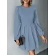 Backless Elasticity Hollow Pleated Solid Color Tied A-Line Bishop Sleeve Round-Neck Mini Dresses Backless Elasticity Hollow Pleated Solid Color Tied A-Line Bishop Sleeve Round-Neck Mini Dresses