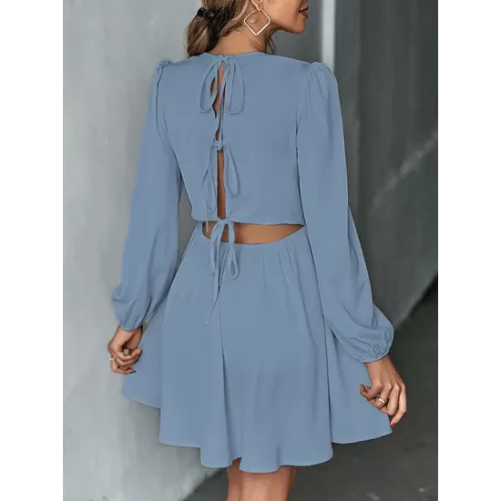 Backless Elasticity Hollow Pleated Solid Color Tied A-Line Bishop Sleeve Round-Neck Mini Dresses Backless Elasticity Hollow Pleated Solid Color Tied A-Line Bishop Sleeve Round-Neck Mini Dresses