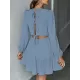Backless Elasticity Hollow Pleated Solid Color Tied A-Line Bishop Sleeve Round-Neck Mini Dresses Backless Elasticity Hollow Pleated Solid Color Tied A-Line Bishop Sleeve Round-Neck Mini Dresses
