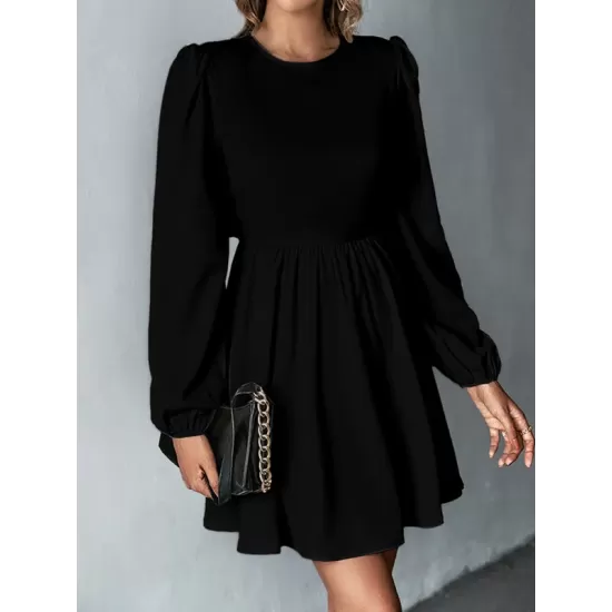 Backless Elasticity Hollow Pleated Solid Color Tied A-Line Bishop Sleeve Round-Neck Mini Dresses Backless Elasticity Hollow Pleated Solid Color Tied A-Line Bishop Sleeve Round-Neck Mini Dresses