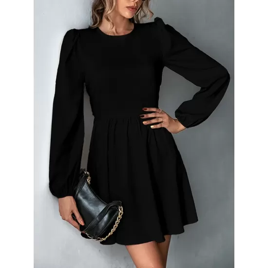 Backless Elasticity Hollow Pleated Solid Color Tied A-Line Bishop Sleeve Round-Neck Mini Dresses Backless Elasticity Hollow Pleated Solid Color Tied A-Line Bishop Sleeve Round-Neck Mini Dresses
