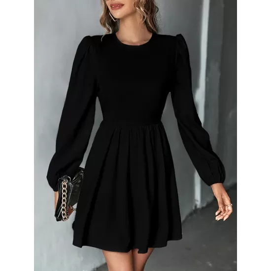 Backless Elasticity Hollow Pleated Solid Color Tied A-Line Bishop Sleeve Round-Neck Mini Dresses Backless Elasticity Hollow Pleated Solid Color Tied A-Line Bishop Sleeve Round-Neck Mini Dresses