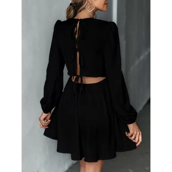 Backless Elasticity Hollow Pleated Solid Color Tied A-Line Bishop Sleeve Round-Neck Mini Dresses Backless Elasticity Hollow Pleated Solid Color Tied A-Line Bishop Sleeve Round-Neck Mini Dresses
