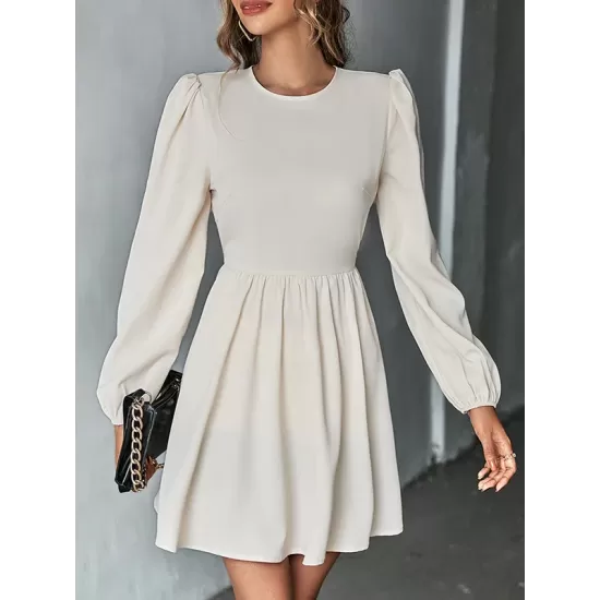 Backless Elasticity Hollow Pleated Solid Color Tied A-Line Bishop Sleeve Round-Neck Mini Dresses Backless Elasticity Hollow Pleated Solid Color Tied A-Line Bishop Sleeve Round-Neck Mini Dresses