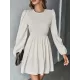 Backless Elasticity Hollow Pleated Solid Color Tied A-Line Bishop Sleeve Round-Neck Mini Dresses Backless Elasticity Hollow Pleated Solid Color Tied A-Line Bishop Sleeve Round-Neck Mini Dresses