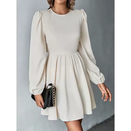 Backless Elasticity Hollow Pleated Solid Color Tied A-Line Bishop Sleeve Round-Neck Mini Dresses Backless Elasticity Hollow Pleated Solid Color Tied A-Line Bishop Sleeve Round-Neck Mini Dresses
