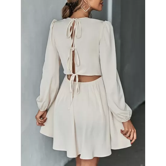 Backless Elasticity Hollow Pleated Solid Color Tied A-Line Bishop Sleeve Round-Neck Mini Dresses Backless Elasticity Hollow Pleated Solid Color Tied A-Line Bishop Sleeve Round-Neck Mini Dresses