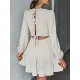 Backless Elasticity Hollow Pleated Solid Color Tied A-Line Bishop Sleeve Round-Neck Mini Dresses Backless Elasticity Hollow Pleated Solid Color Tied A-Line Bishop Sleeve Round-Neck Mini Dresses